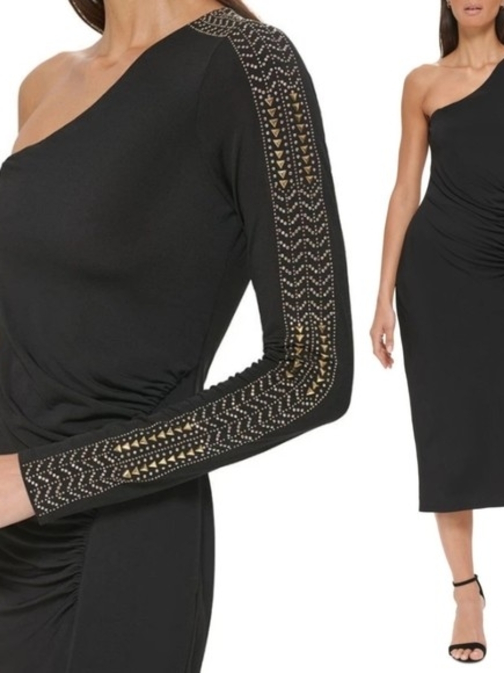 Guess Black One-Shoulder Midi Dress with Embellished Sleeve - Picture 2 of 2